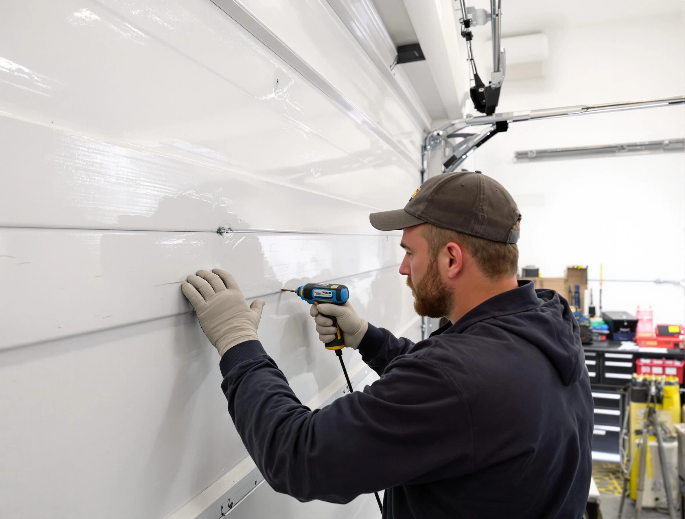 Green Hill Garage Door Repair technician demonstrating precision dent removal techniques on a Green Hill garage door